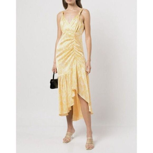 Cinq A Sept Womens Nikola Silk Midi Dress Sz 4 Yellow White Ruched NWT $595 - Picture 2 of 7